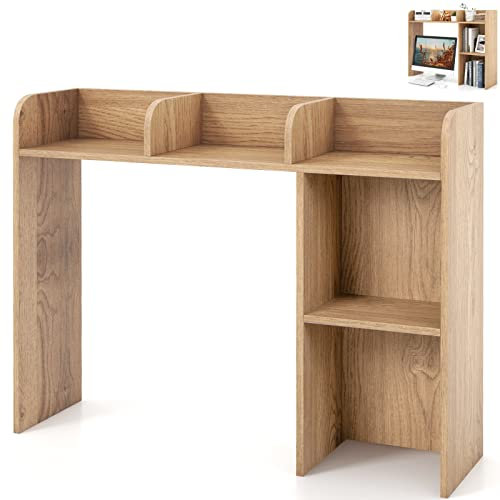 SFAREST Desktop Bookshelf, Wooden Desk Storage Organizer Display Shelf Rack with 4 Shelves & Open Compartment, Freestanding Wood Countertop Bookcase for Home Office (Natural)