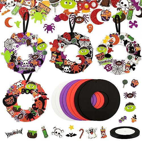 BETESSIN 250pcs Kit de Guirlandes Couronnes Porte d'Halloween Suspendue avec Rubans et Autocollants Fantôme Araignée Bougie Bonbons Lune Paillettes Auto-Adhésif Décoration pour Halloween Fête Baptême