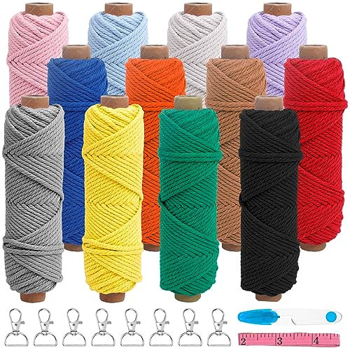 12PCS Makramee Garn 2mmx30m Baumwollschnur Bunt DIY Makramee Kordel Set Baumwollseil Baumwollgarn Baumwollkordel Baumwollschnur für DIY Handwerk Kreativ mit 8 Schlüsselanhänger 1 Schere 1 Lineal