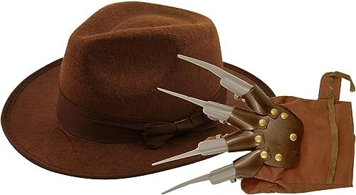 GREY LOOK Halloween-Kostüm für Erwachsene, Horror, gruselige Mottoparty, Freddy Krüger, Krallenhandschuh und brauner Hut