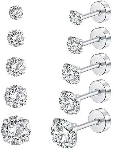 GLLBTPT Pack of Screw Back Cubic Zirconia Earrings Studs 3MM/4MM/5MM/6MM/8MM,Titanium Screw Back Stud Earrings Hypoallergenic for Men Women Birthday Anniversar