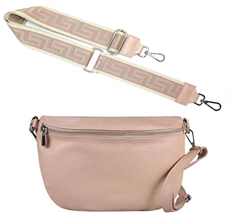 Made in Italy OBC Damen Set Gürteltasche + Schultergurt Leder Crossbody Hüfttasche Bauchtasche Umhängetasche Brusttasche Crossover Bodybag Schultertasche Handy Geldtasche Tasche Antikrosa S Gürtel