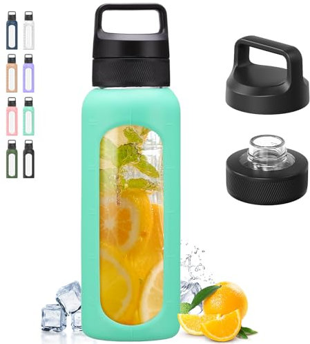 Kodrine Borraccia in vetro con coperchio chug, da 907 ml, con manico superiore, riutilizzabile, con tappo per il trasporto, trasparente, senza cannuccia, per palestra, bici, viaggi, lavabile in