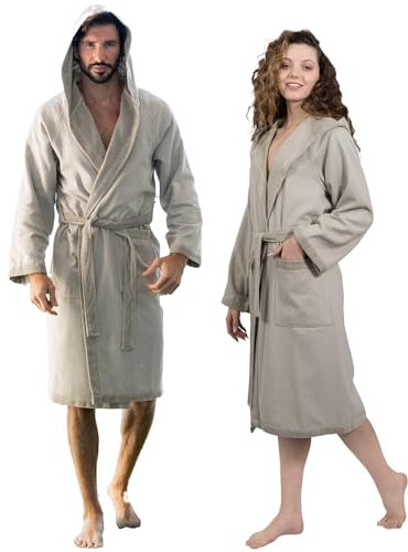 nice homeit Accappatoio Donna e Uomo in Spugna 100% Cotone - Accappatoio Super Assorbente con Cappuccio - Morbido, Leggero, Anti-Pilling, Design Italiano. (L, TORTORA)