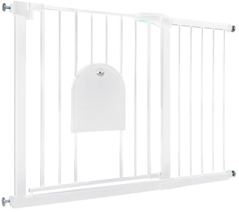 Aufun Treppenschutzgitter Türschutzgitter Kinder ohne Bohren, für 105-115 cm breit, Türgitter mit Druckbefestigung, selbstschließend, Metall Gitter, Hundesicherheitsgitter mit Katzenklappe (Weiß)
