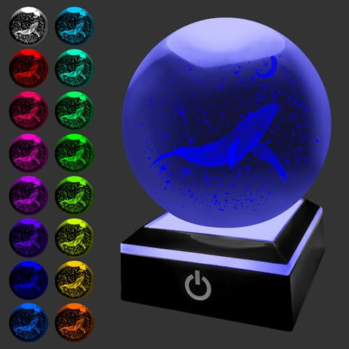 HONPHIER 3D Boule de Cristal Baleine Veilleuse Lampe Boule de Cristal avec Lumière Changeante Base Lampe de Nuit Lampe d'ambiance Cadeau pour Adultes, Enfants, Amis, Couples