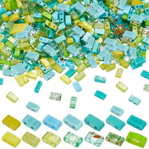 PH PandaHall 420pcs 14 perles Demi-Tila de Couleurs Vertes Perles de Rocaille à 2 trou Perles D'Espacement Plates en Verre Perles de Support Carrées pour noël la Bracelets et de Bijoux à Faire