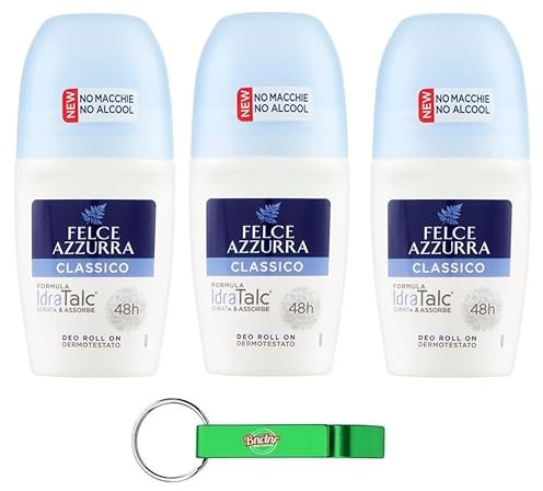 3 X Felce Azzurra – Deodorante Roll On Classico con Formula IdraTalc, efficacia 48 ore, senza macchie, senza alcool, deodorante da 50 ml + portachiavi Beni Culinari