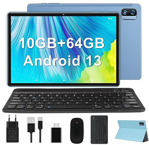 Android Tablette 10 Pouces avec 10 Go RAM 64 Go ROM (1 To Extensible), Tablette Tactile avec 8000mAh, 13MP+5MP, WiFi, GPS, Bluetooth 5.0, 8 Core 2.0 GHz, Tablette avec Clavier et Souris et Cas, Bleu