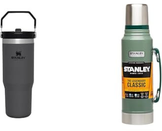 Stanley IceFlow Flip Straw Botella Agua con Pajita 0.89L - Conserva el Frío 12 Horas - Antifugas & Classic Legendary Bottle 1L Hammertone Green - Botella Termica 1 Litro de Acero