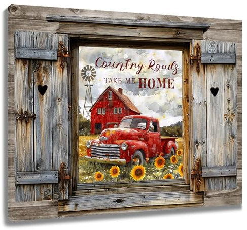 LB Wandbilder Vintage-Bauernhaus Poster Rotes Auto Gelbe Sonnenblume Wanddruck Graues rustikales Scheunentor Leinwand Bilder für Wohnzimmer Schlafzimmer Badezimmer Wand Deko,25x20cm Ungerahmt