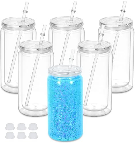 Maucircol 16 Oz Plastic Snowglobe Tumbler, 6 Pack Pre-Drilled Double Wall Plastic Clear Cup for Glitter Snow Globe Diy, Double Wall Snowglobe Cup with Clear Lid