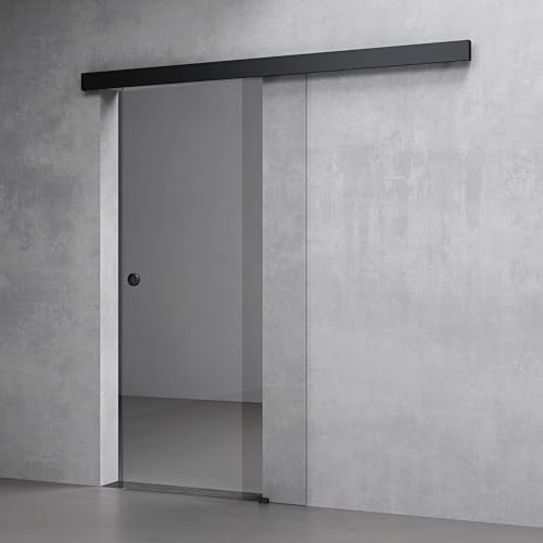 Mai & Mai Glasschiebetür komplettset softclose Schwarz Klarglas | Griffart: Muschelgriff, BxH: 90x205cm, 25 mm Wandabstand, inkl. Soft-Close, 8mm ESG-Sicherheitsglas