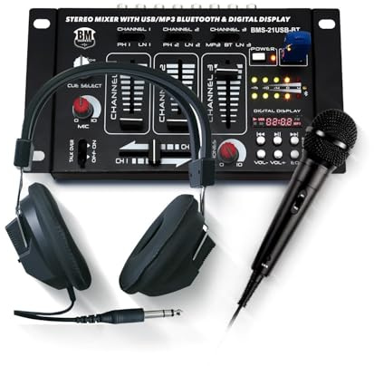 Bmsonic BMS-21USB-BT Sono DJ BM Mischpult, 4 Kanäle USB BLUETOOTH, 1 PHONO/LINE, 1 PHONO/USB, 1 CD, Kopfhörer, Mikrofon enthalten