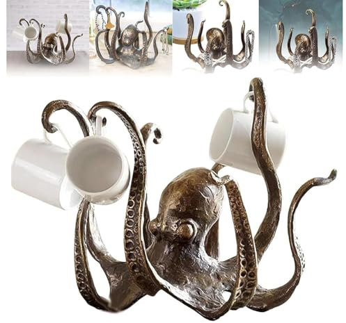 Gaxcent Octopus Becherhalter, Octopus Becherhalter, Octopus Kaffeetassenhalter, Retro Harz Octopus Desktop Statue, Küche Esszimmer Bar Statue Zubehör,A