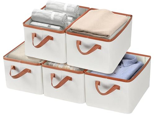 SortNStore Aufbewahrungsbox aus Stoff Faltbare für Kleidungschrank: Aufbewahrungskorb mit Ledergriff für Regal Kinderzimmer Schlafzimmer Wohnzimmer | 5 Stück | 37x26x20cm(24L) | Beige