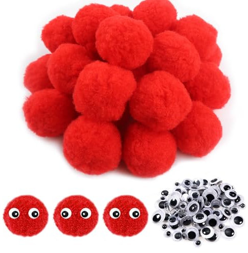 TOAOB 50 Stück Pompons zum Basteln Groß 4 cm Rot Pompom Flauschigen Plüsch set Bälle Kunst Bommel mit Selbstklebend Wackelaugen für Dekorieren Verzieren Nähen DIY Lustige Kreativen Handwerk