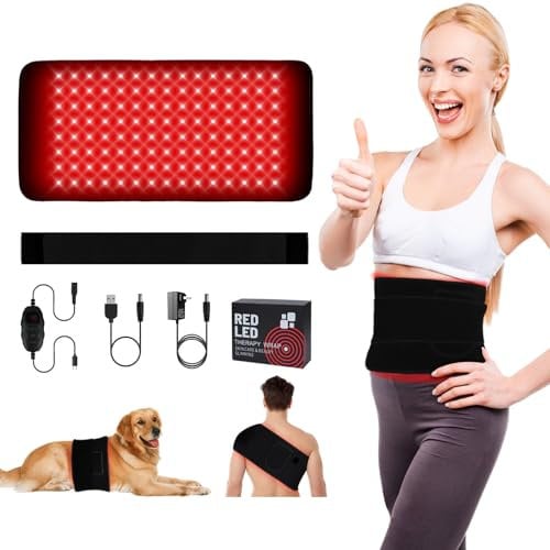 pinfriy 120 LEDs Rotlichtlampe Therapie Gürtel, 7 Stufen Timer, 5 Stufen Lichtintensität&Vibration, 10HZ Puls-Modus, für die Schmerzen von Rücken Schulter Taille Menschen Hunde Katzen Pferde, Schwarz