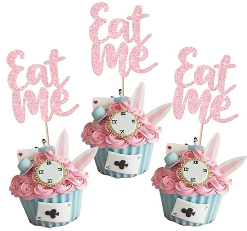 Xsstarmi 24 Pack Eat Me Cupcake Toppers Glitter Try Me Take One Cupcake Picks Wonderland Tea Party Cake Decorations for Alice Theme Baby Shower Kids Boys Girls Birthday Party Supplies Pink