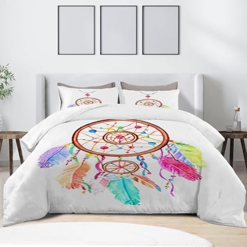 Single Duvet Cover Set, Dream Catcher,Feather Pattern, Reversible Duvet Cover Sets Single, Quilt Covers with Zip Fastening, Non-Iron Easycare Bedding Set, Soft Microfibre, White, Colorful