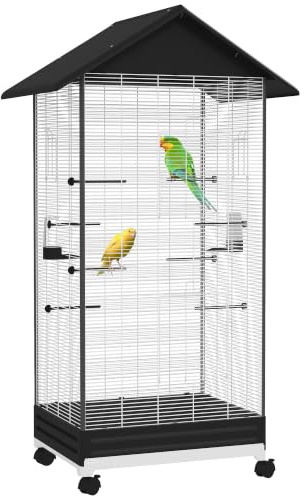 PawHut Vogelkäfig auf Füßen, Indoor-Vogelvoliere auf Rädern, mit Schiebeplatte, 2 Futtertrögen und 8 Sitzstangen, für Kanarienfinken, 79 x 65 x 155 cm, Stahldraht, schwarz