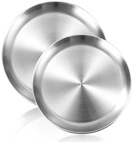 Edelstahl Rundes Geschirr, Pizzablech 2 Stück Edelstahl Teller, Platzteller, Pizza Backblech, Servierteller, Grillschale, Leicht zu reinigen, für Outdoor Camping Picknick Home Party (Φ20 cm / 23 cm)