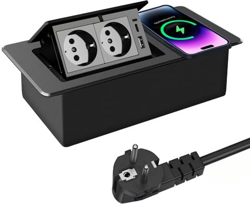 Toma Emergente Oculta, Enchufes Multiples Empotrada Escritorio, Regleta Enchufes Oculto, 1 USB A+ 1 USB C, con 15W Carga Rápida Inalámbrica, Regletas Enchufes Ideal para el Hogar y/o Oficina
