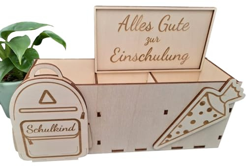 Bastelset - Geldgeschenk Stiftehalter/Stiftebox mit Tafel, Rucksack und Einschulungstüte - Aus Holz mit Gravur Alles gute zur Einschulung auf der Tafel und Schulkind Schriftzug auf dem Rucksack