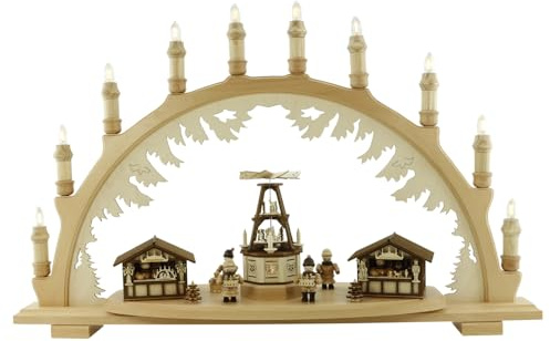 3D Holz Schwibbogen Lichterbogen Made im Erzgebirge (Weihnachtsmarkt Verkaufsbuden mit Pyramide hell)