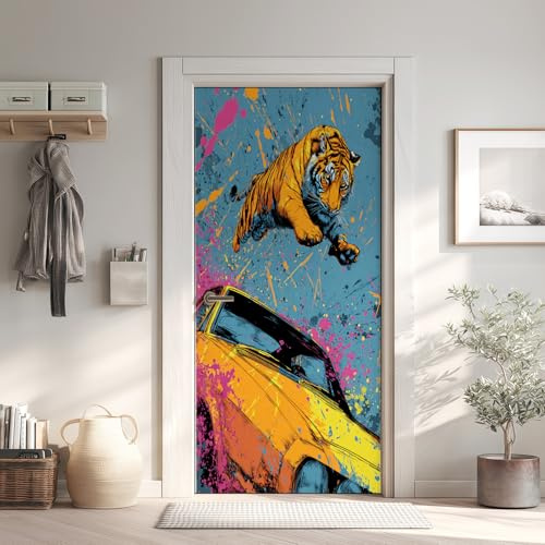 Tiger Auto Türaufkleber, Cool Comic Türfolie Selbstklebende Fototapete 85x200 cm, Street Pop Art Türposter Abnehmbar Türfolie PVC Für Tür Schlafzimmer Badezimmer Türaufkleber