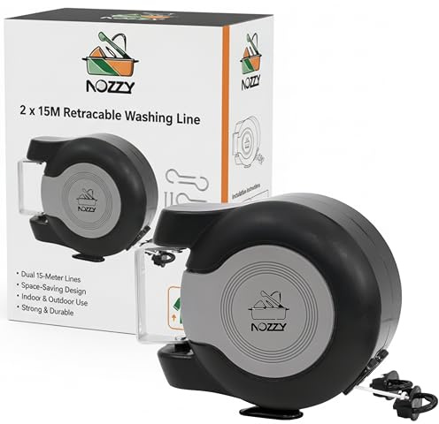 Nozzy Corde à linge rétractable, double ligne de 15 mètres, design peu encombrant, utilisation intérieure et extérieure, solide et durable, corde à linge murale