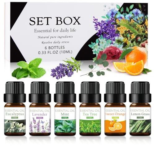 SilverChry Set di Oli Essenziali,6X10ml, Lavanda, Arancia Dolce, Menta Piperita, Eucalipto, Tea Tree, Lemongrass,Set Regalo di Oli Essenziali, per Diffusori e Candele Fai da Te (Classico)