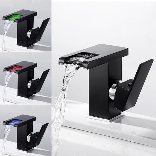 Wasserhahn, Waschtisch Armatur Wasserfall RGB 3 Farbwechsel LED Wasserhahn Bad Waschbecken Einhandmischer, für Privatpersonen, Häuser, Duschen und Hotels verwendet werden, schwarz