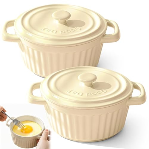 Lot de 2 mini cocottes avec couvercle, en porcelaine, avec poignées, petits ramequins à gratin en céramique, pour lasagnes, soufflé, four, micro-ondes et lave-vaisselle (beige-L-2 pièces)