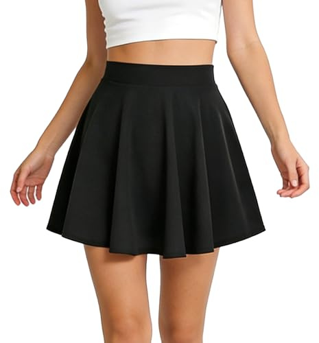 Youkly Women's Skirts with Shorts Underneath, Stretchy High Waist Mini A-line Pleated Skater Skirt and Tennis Skirt (UK, Alpha, L, Regular, Regular, Black)