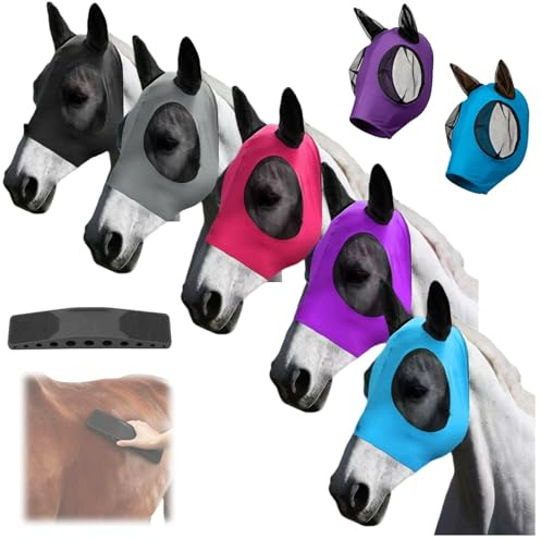 2 Stück Fliegenmaske Pferd,Super Comfort Stretchy Horse Fly Mask mit Ohren & Schopfloch Elastisches Material, atmungsaktiv, leicht, UV-Schutz, Weich & Passgenau (B(Schwarz + blau))