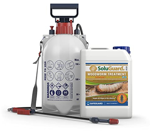 Soluguard Woodworm Treatment Spray (1x5L Clear & Sprayer) Ready for Use & Pump Action Pressure Sprayer. Solvent-Free Woodworm Killer. HSE approved
