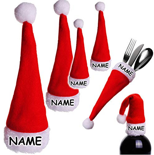 16 TLG. Set: kleine - Deko - Weihnachtsmützen - inkl. Name - 19 cm - Bestecktaschen Besteckhalter/Eierwärmer - universal Größe - Weihnachten - Flaschen Wein..