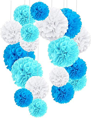 O-Kinee 24er Blau Deko Seidenpapier Pompons für Hochzeit, Taufe Junge, Geburtstag, Party, Baby Shower Baby-Duschen Graduierung Konfirmation Junge weiß blau