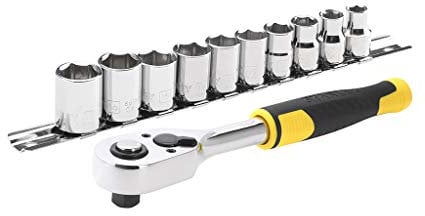 STANLEY STMT82670-0 Set cricchetto att. 3/8 + Chiavi a bussola-11 pz, Grigio, 11 Pièces-72 dents