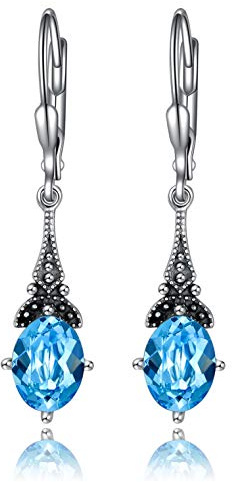 Vintage Leverback Earrings for Women Sterling Silver Retro Drop Dangle Earrings Oval Birthstone Crystal Art Nouveau Style Jewelry for Women