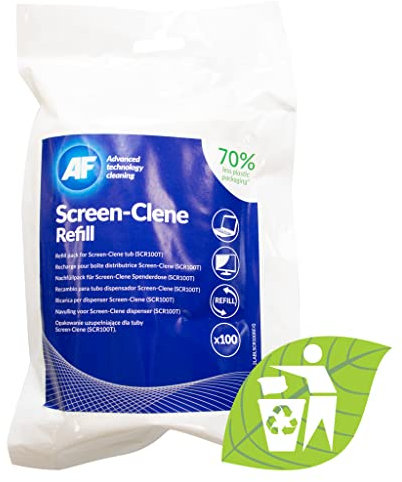 AF Screen-Clene Eco Recharge de 100 lingettes nettoyantes pour écrans de smartphones, téléviseurs, ordinateurs portables, moniteurs et tablettes