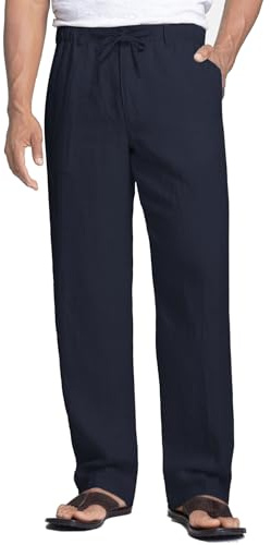 COOFANDY Men's Trousers Linen Summer Casual Trousers for Men with Elasticated Waist Beach Yoga Pants Baggy Basic Loose Fit Pants Wide Leg Navy Blue 3XL