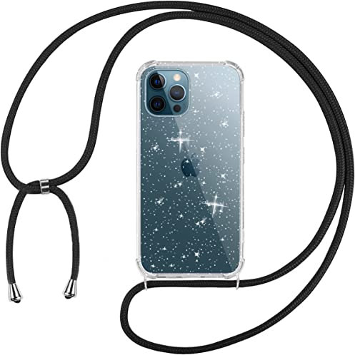 Tikgue Handykette für iPhone 12 Pro Max Hülle mit Band, Handyhülle mit Kordel zum Umhängen Schutzhülle mit Kette Glitzer Transparent Weich TPU Silikon Bumper - Schwarz