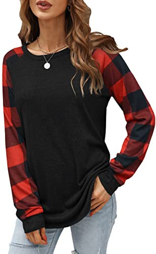 Odosalii Damen Oberteile Herbst Lose Rundhals Oberteile Bluse Basic Klassische Karierte Splicing Tops Lässig Schwarze Longshirt