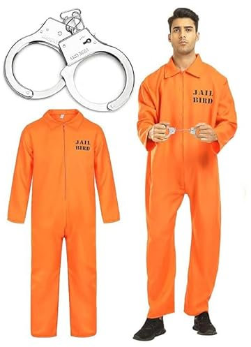 jokeshop Prisoner Jumpsuit Costume And Handcuff's Halloween Convict Orange Overalls Fancy Dress Costumes - Onesize Large