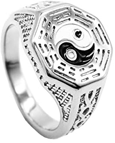 HIJONES Männer Frauen Yin Yang Ring aus Rostfreier Stahl Ba Gua Amulett Altchinesischer Geschnitzter Ring Silber Größe 62 (19.7)