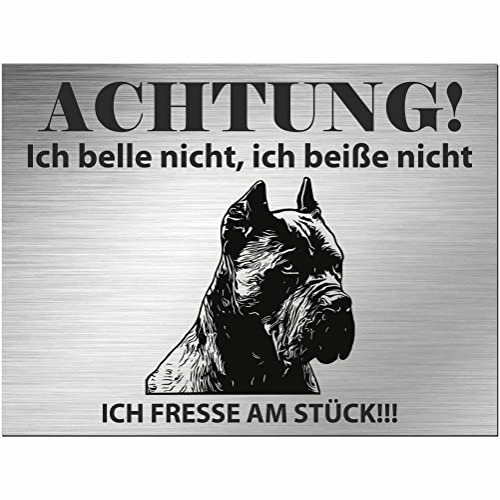 Indigos UG - Schild Cane Corso - bedruckt - Achtung Ich belle & beiße nicht, ich fresse am Stück! - Aluverbundplatte Edelstahl Look - 30x20 cm - Spruch - Deko Geschenkidee Hund Zaun Türschild