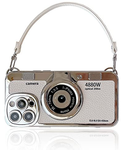 QoKcoahn Handyhülle für iPhone 13 Pro Max,Nette 3D Vintage Kamera Handyhülle mit Handschlaufe Einzigartige Coole Silikon TPU Fall Stoßfeste Schutzhülle Frauen Mädchen für iPhone 13 Pro Max Weiß