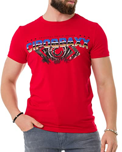 Cipo & Baxx Herren T-Shirt Print Strass-Schriftzug Kurzarm CT721 Rot S